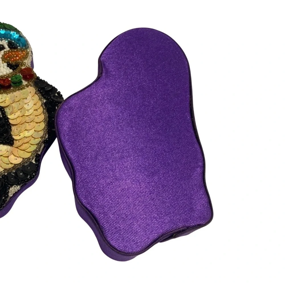Penguin Beaded Sequin Trinket Box Purple‎ Fabric Winter Holiday Jewelry Case